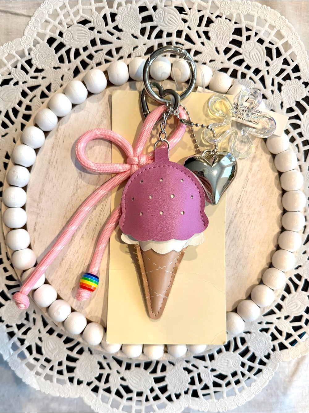 Pink Ice Cream Cone Bag/Keychain Charm with heart and flower charms 6”